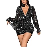 SHENHE Women's Plus Size Long Sleeve Sheer Peplum Blouse Ruffle Deep V Polka Dots Party Night Top
