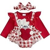 MoZiKQin Baby Girl Valentines Outfit Newborn Romper Dress Love Heart Print Long Sleeve Ruffle Skirt Jumpsuit+Headband