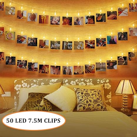 50 LEDs Foto Clips Lichterketten,SanGlory 7.5M LED Fotolichterkette Warmweiß 8 Modi Clip Bilder Lichterkette Batteriebetriebe