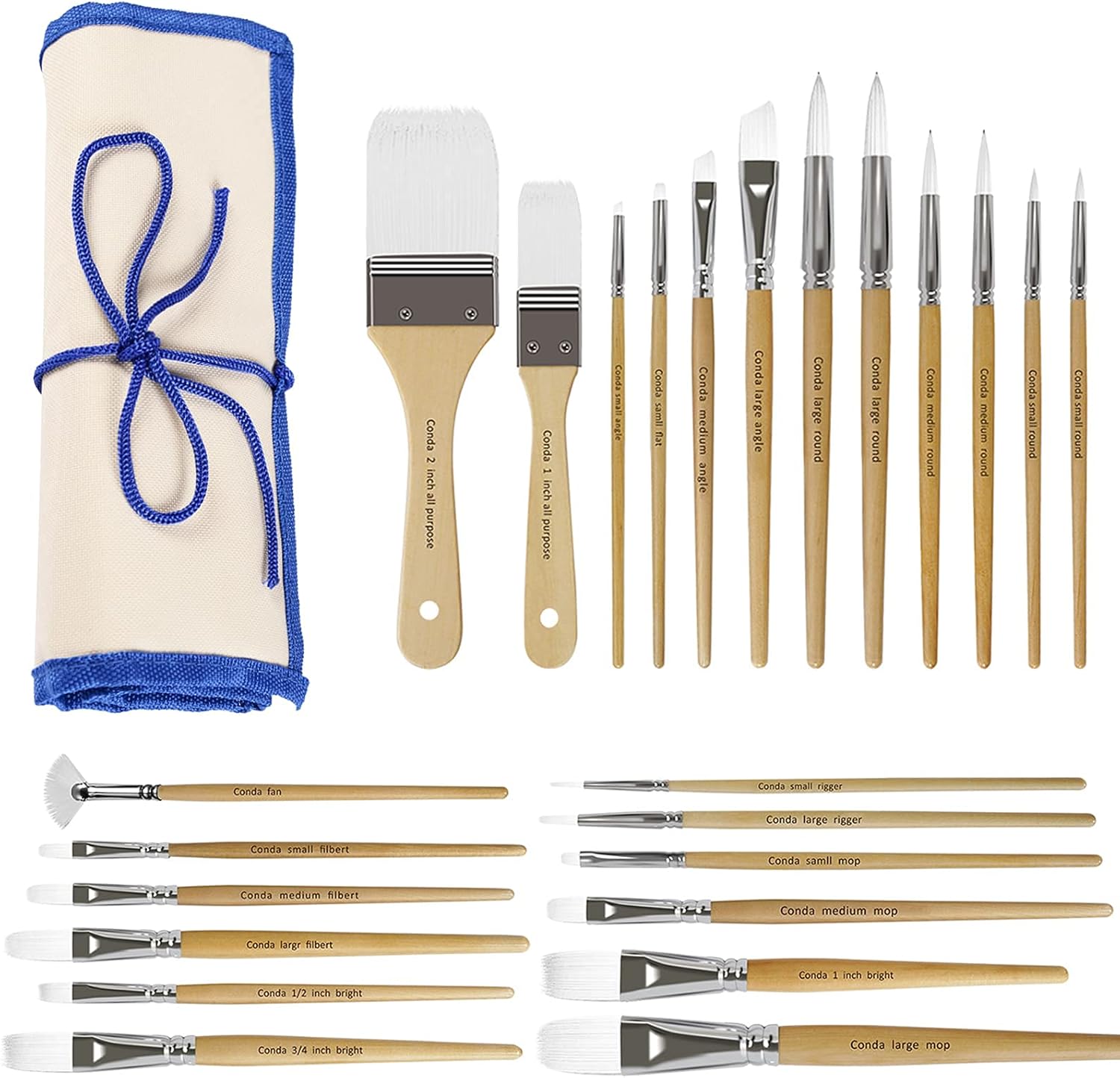 CONDA Paint Brushes Set of 24 Different Shapes Ergonomic Professional Wood Handles with Organizing Case for Acrylic Oil Watercolor, Rock Painting