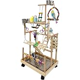 Niwaes 5 Layers Large Bird Playstand with Wheel, Natural Wood Parrot Playground, Parakeet Perch Stand Small Bird Playgym with Ladder Toy Accessories for Cockatiel Cockatoo Finch Budgie Lovebird