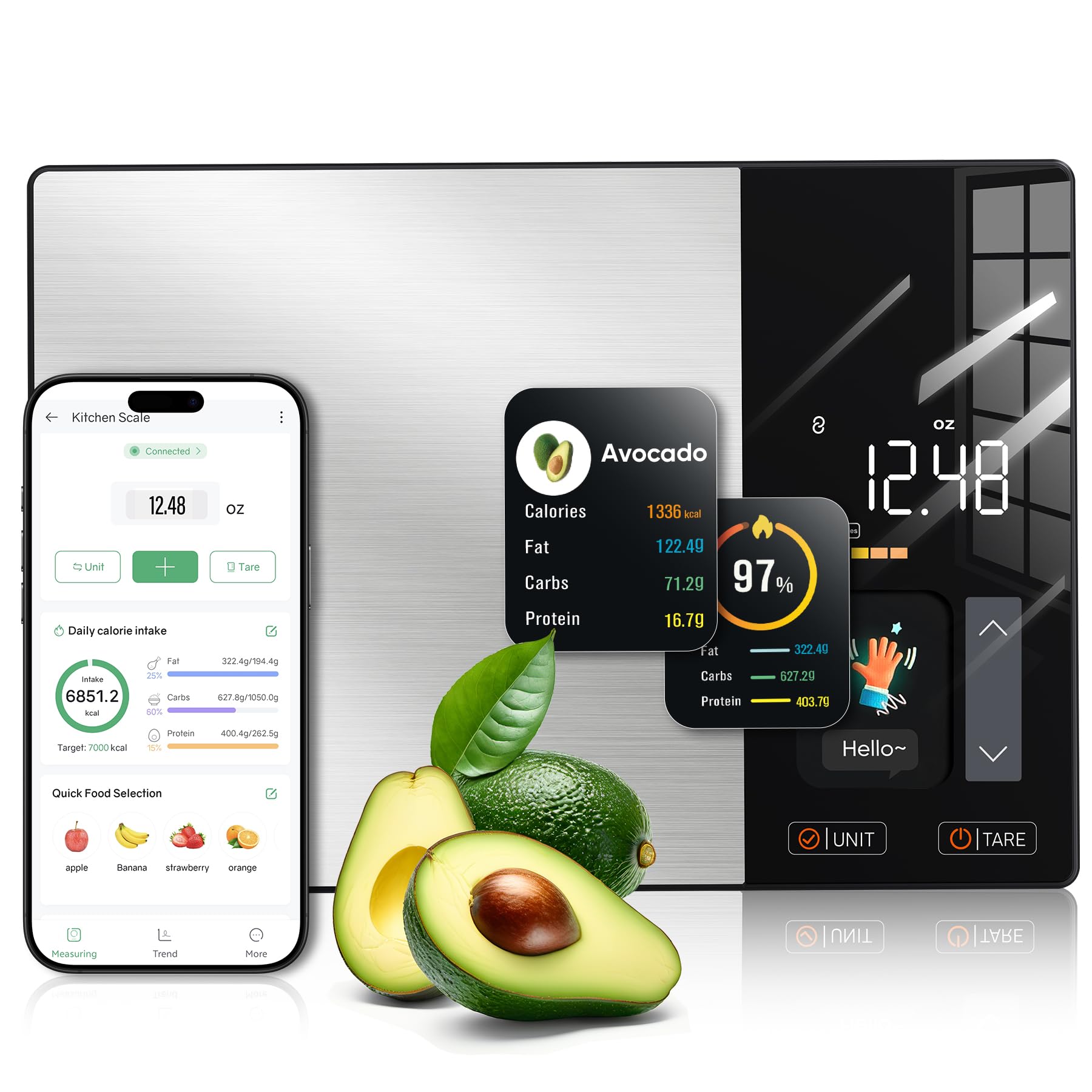 Photo 1 of KUAIVO Smart Nutrition Food Scale with TFT Display, Tracks Calories, Fat, Carbs & Protein, Works with App for Daily Reports, 50 Built-in Foods, 23 Nutrients, Digital Kitchen Scale for Meal Prep