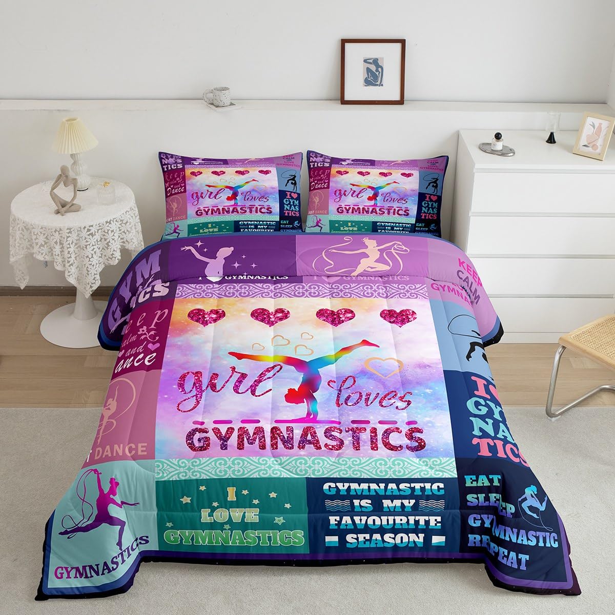 Gymnastics Comforter Set Kids Girls Gymnastics Down Comforter for Boys Bedding Set Gifts for Gymnasts Lovers Purple Duvet Insert/Quilt Set Room Decor Single