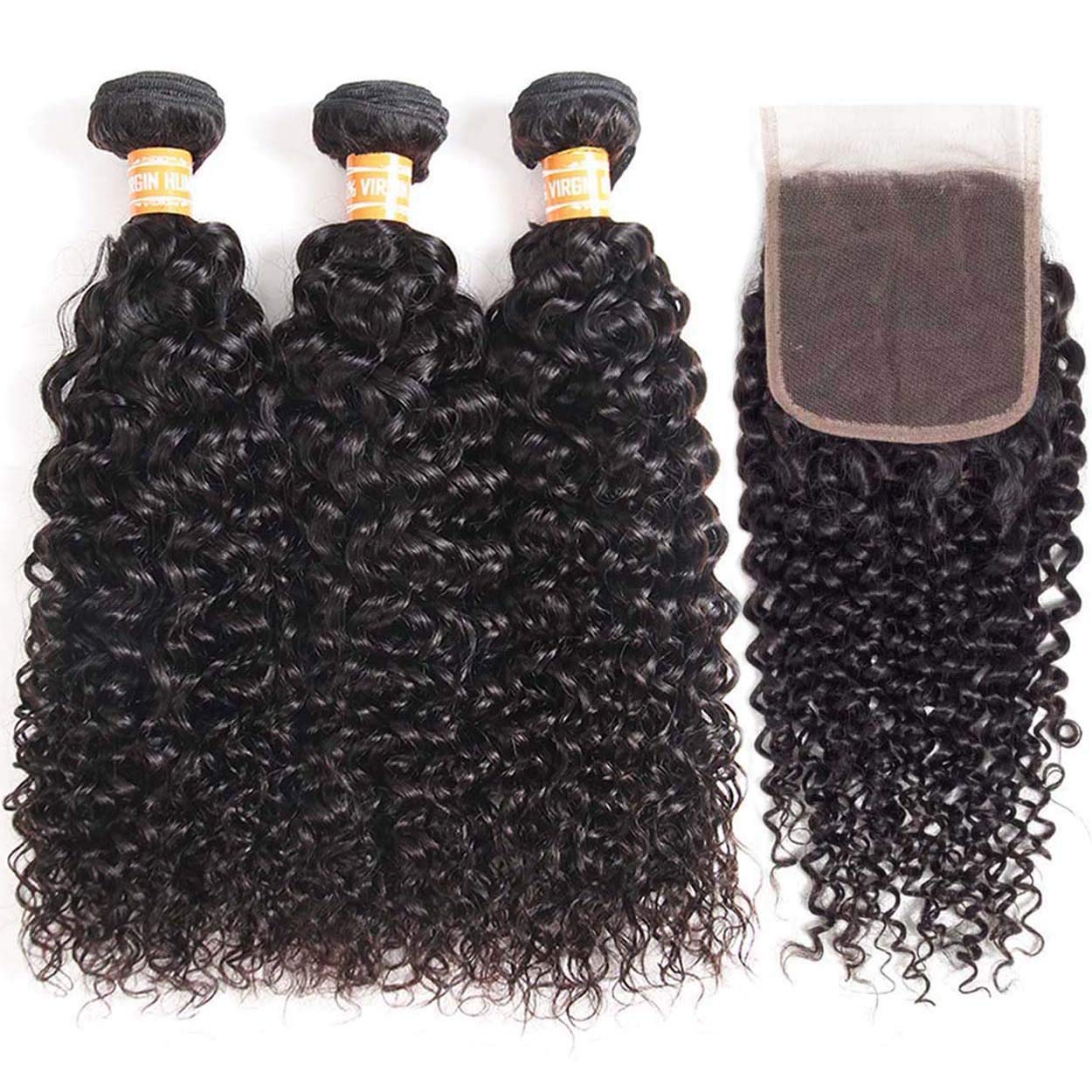 VTAOZI Hair Brazilian Virgin Curly Hair 3 Bundles with Lace Closure Free Part 100% Unprocessed Brazilian Kinky Curly Human Hair Bundles with 4x4 Lace Closure Natural Color (16 18 20 + 14 Free Part)