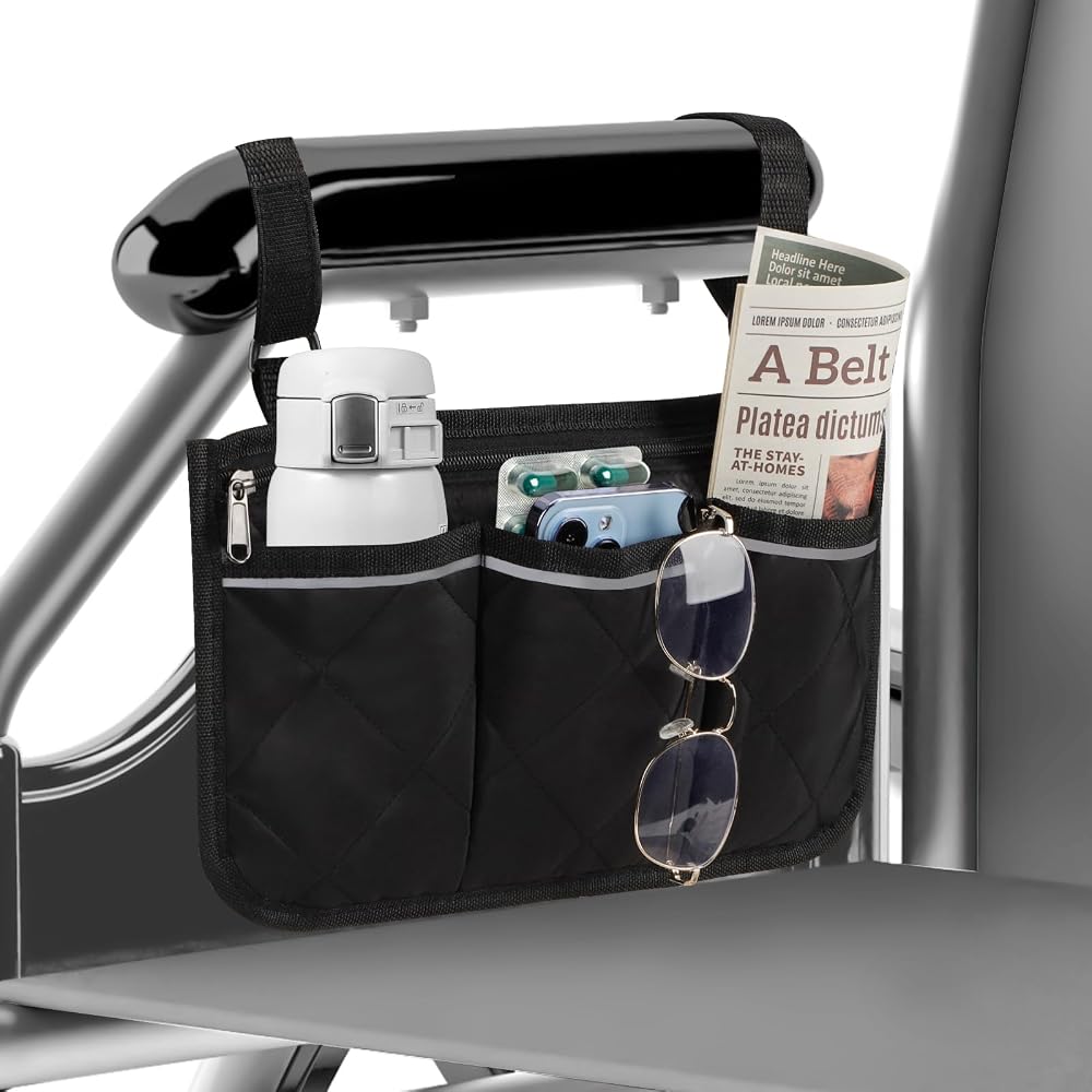 Heveer Wheelchair Side Bag with Pockets Waterproof Armrest Pouch Reflective