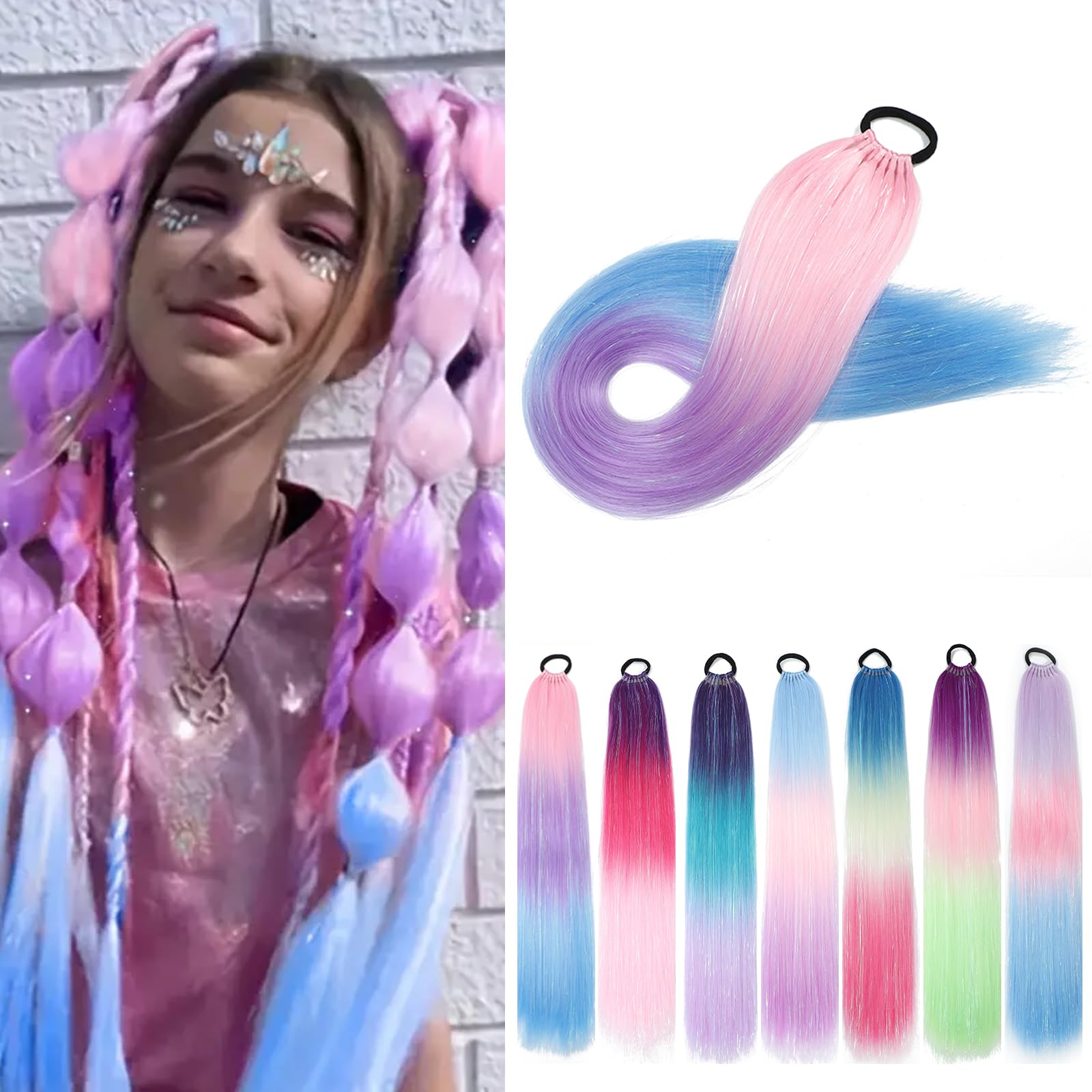 1 Packs 26 Inch Rainbow Ponytail Hair Extensions with Tinsel Hair for Jumbo Braiding Hair Extensions Soft Yaki Straight Synthetic Hair Glitter Ponytail for Girls DIY Box Braids(pink-purple-blue)