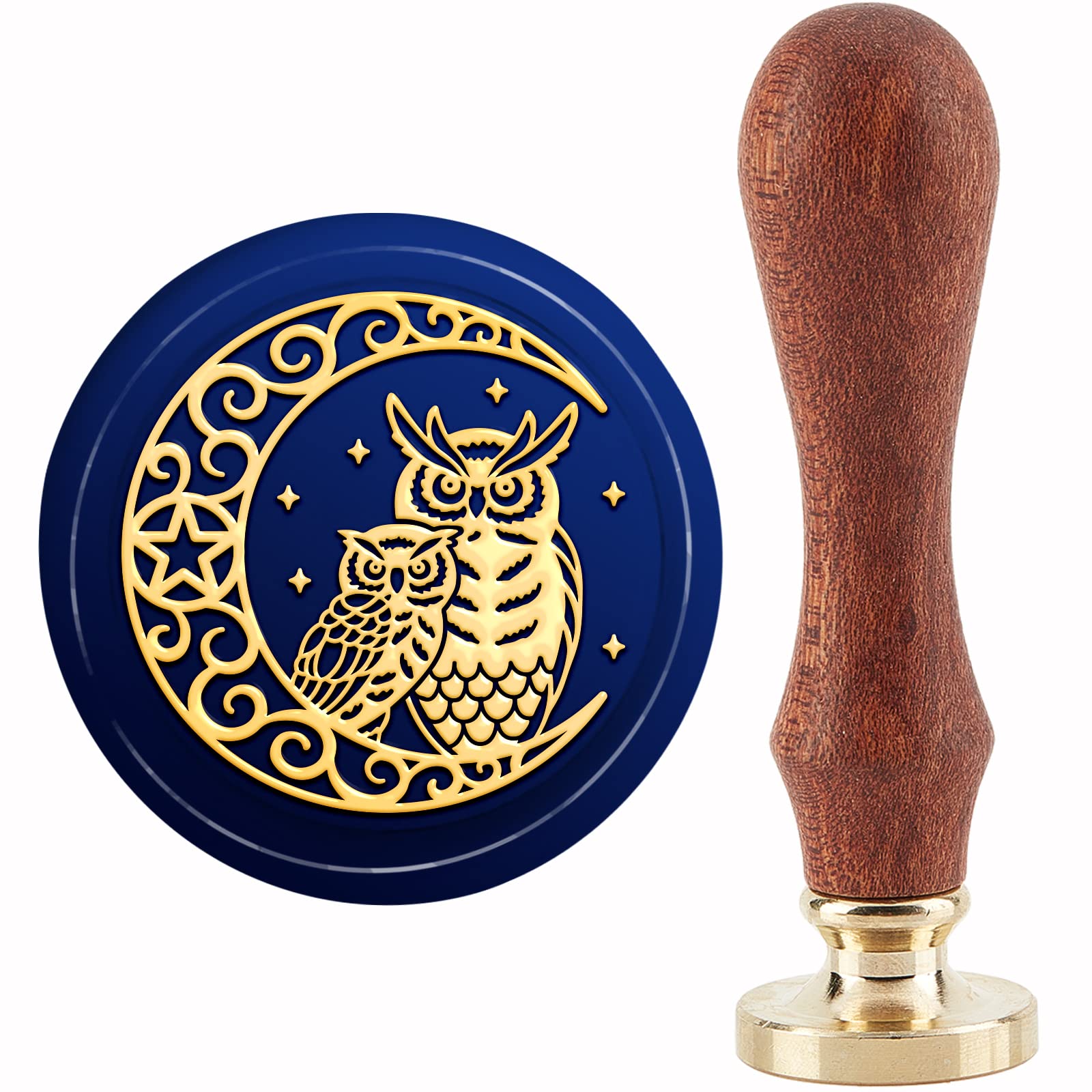 CRASPIRE Owl on the Moon Wax Seal Stamp Star Sealing Wax Stamp 30mm/1.18inch Removable Brass Head Sealing Stamp with Wooden Handle for Invitations Cards Gift Wrap
