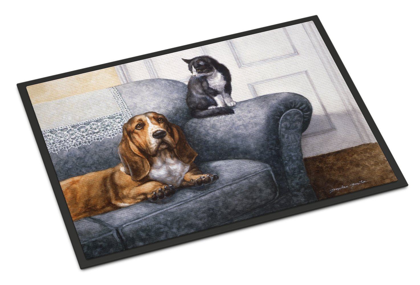Caroline's Treasures BDBA0182MAT Basset Hound and Cat on Couch Doormat 18x27 Front Door Mat Indoor Outdoor Rugs for Entryway, Non Slip Washable Low Pile, 18H X 27W