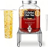2 Gallon Glass Drink Dispensers For Parties,Beverage Dispenser with Stand,Fruit Infuser,Mason Jar Water Dispenser for Juice/Tea,Lemonade Dispenser for Parties,BPA Free Clear Water Pitcher with Spigot