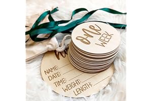 Wooden Milestone Cards and Discs 16pc Set for Baby Photos and First Year Milestones - New Parents and Baby Showers with "Hell