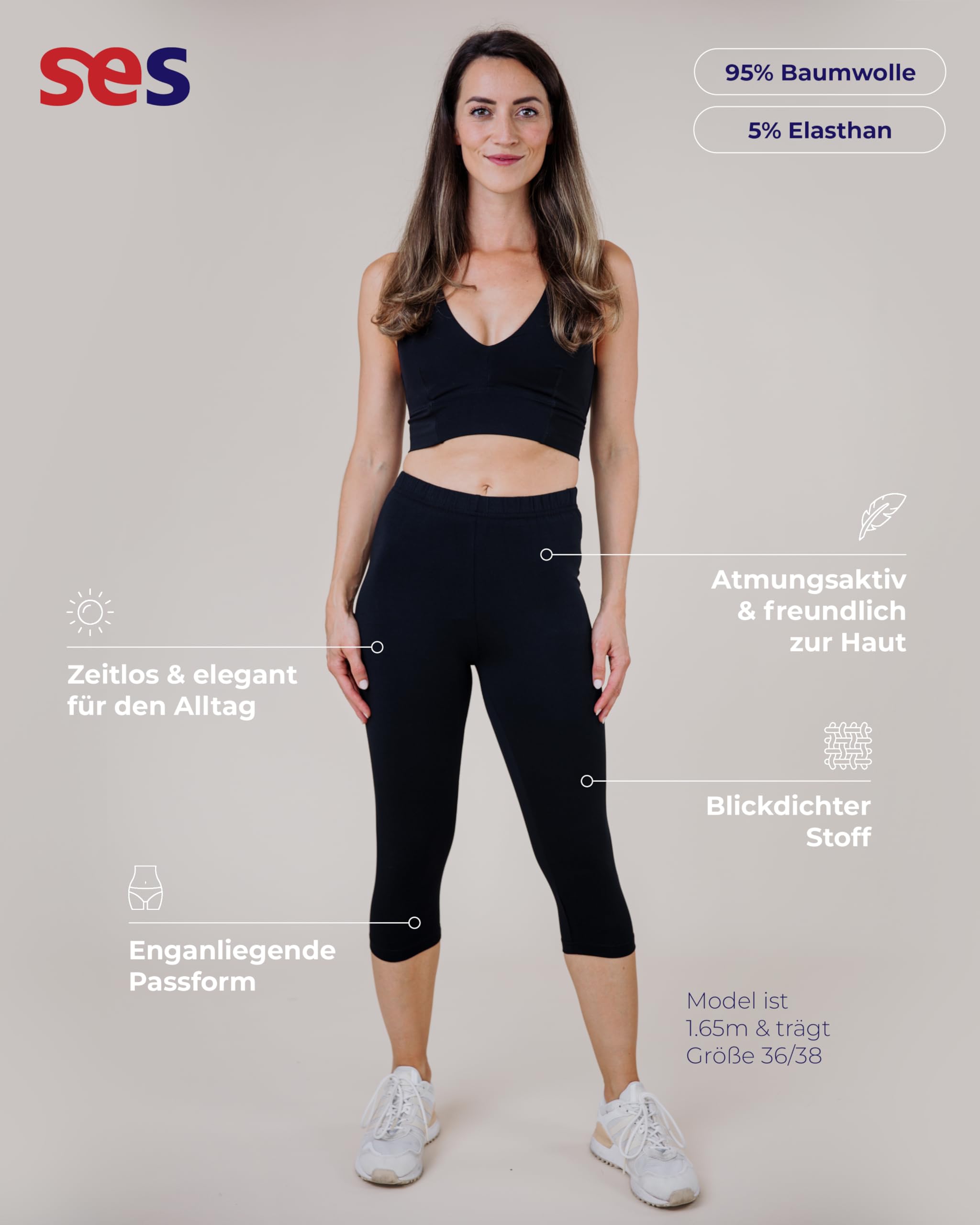 SES Capri Leggings Damen Schwarz (44/46) 2er Pack aus Baumwolle/blickdichte Damen Capri-Leggings/elastische Damen Leggins 3/4 lang Baumwolle/Damen Capri Leggings mit Perfekter Passform 3