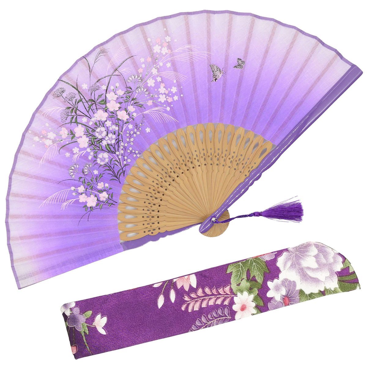 OMyTea "Grassflower Folding Hand Held Fan for Women - Chinese/Japanese Vintage Retro Style - With a Fabric Sleeve for Protection (Purple)