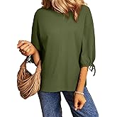 SHEWIN Women's 3/4 Length Sleeve Tunic Tops Loose Fit Casual Crewneck Waffle Knit T Shirts