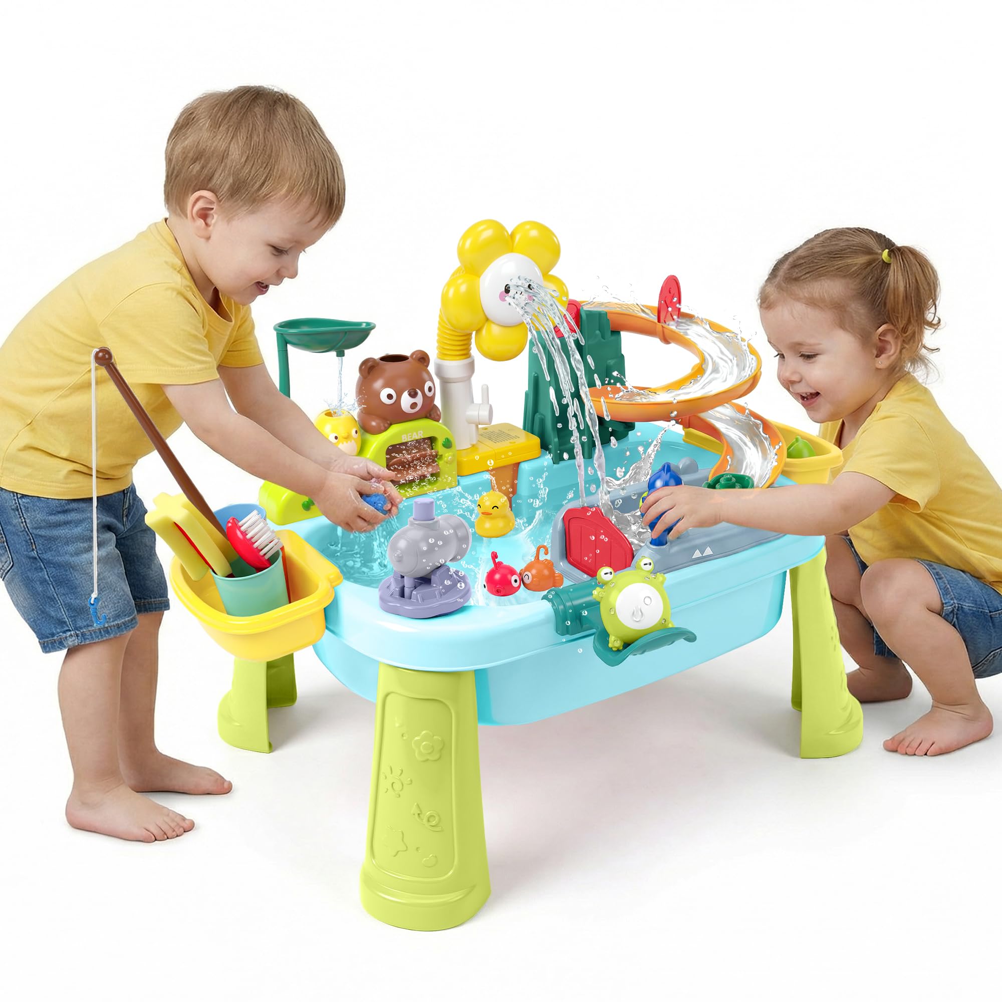 OKPOW Water Table for Toddlers 1-3 with Pump: Summer Play Sink with Running Water for Outdoor & Indoor Activity, Sensory Fishing Playset, Birthday Gift for Kids Boys Girls