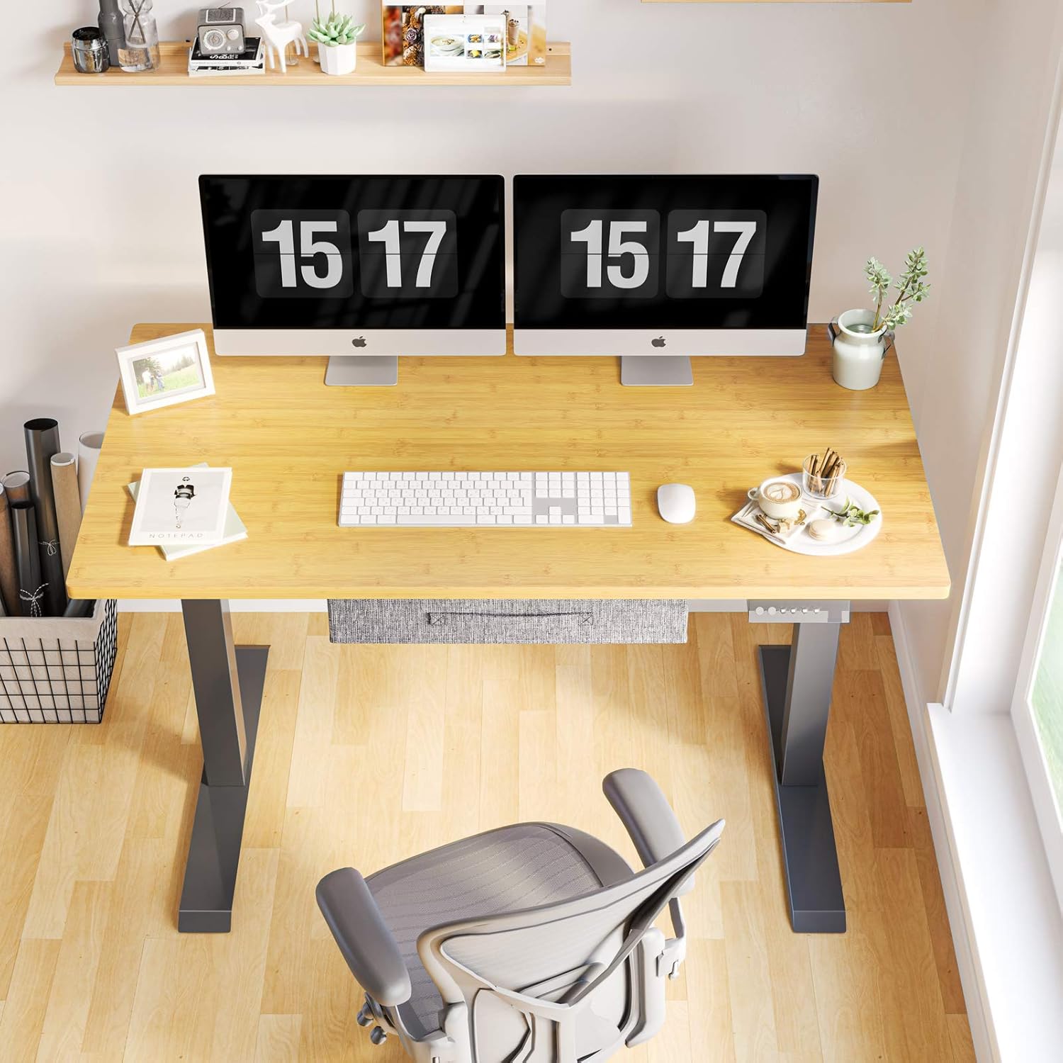 FEZIBO Electric Height Adjustable Standing Desk, 48 x 24 Inches Splice Board, Black Frame/Bamboo Top: Kitchen & Dining