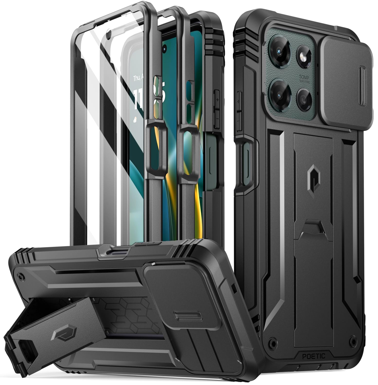 Poetic Revolution Case for Motorola Moto G 5G 2025, [Slide Camera Cover], Full-Body Military Grade Rugged Shockproof Cover with Kickstand and Built-in-Screen Protector, Black