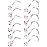 Kwoencxi 18G 20G Pink CZ Nose Rings Studs 316L Surgical Steel L Shaped Screw Hypoallergenic Nose Studs Shiny Cubic Zirconia Nostril Nose Piercing Jewelry for Women Men Silver