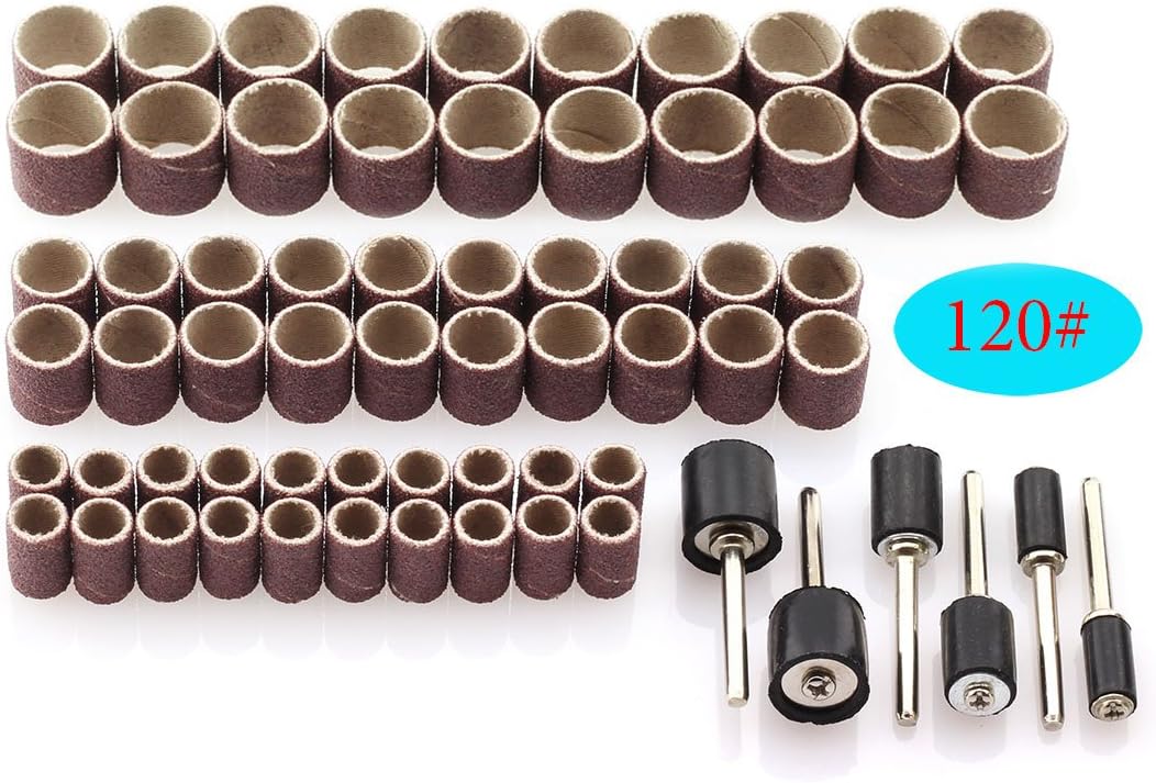 HJ Garden 66pcs Drum Sanding Kit Abrasive Tools Sander Accessories 60pcs 120 Grit Sanding Bands 3 Size 1/2 3/8 1/4 Inch + 6pcs Drum Mandrel Fit for Dremel Nail Drill Rotary Tools