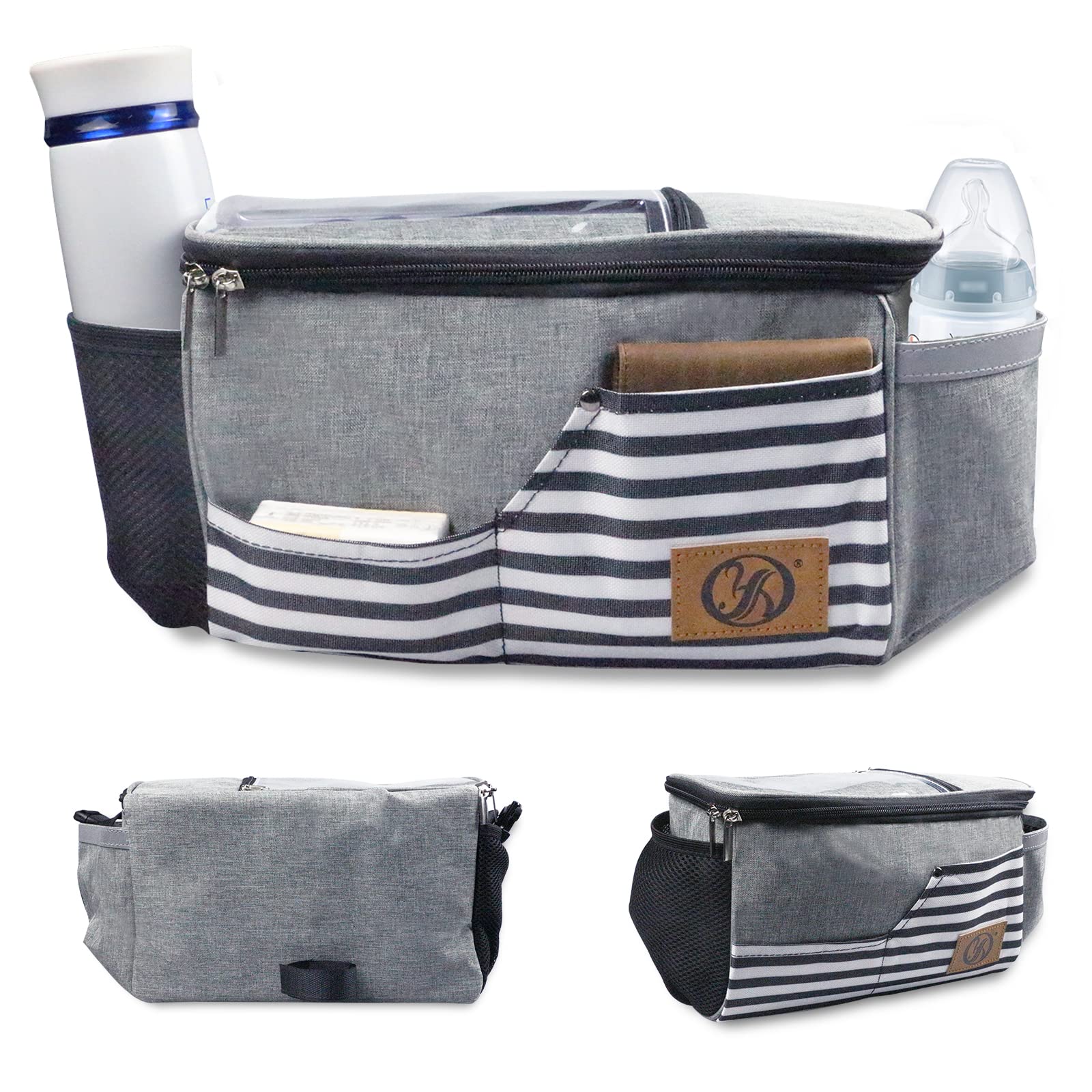 Pram Organiser with Cup Holder, Shoulder Strap and Storage Space for Nappies and Mobile Phones, Baby Accessories Buggy Organiser and Pram Bags Plus with Zip Pocket