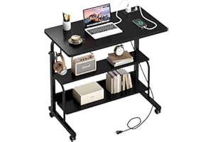 soges 31.4inches Adjustable Mobile Computer Desk with Storage Shelves, Portable Laptop Desk Cart, Rolling Working Desk Home O