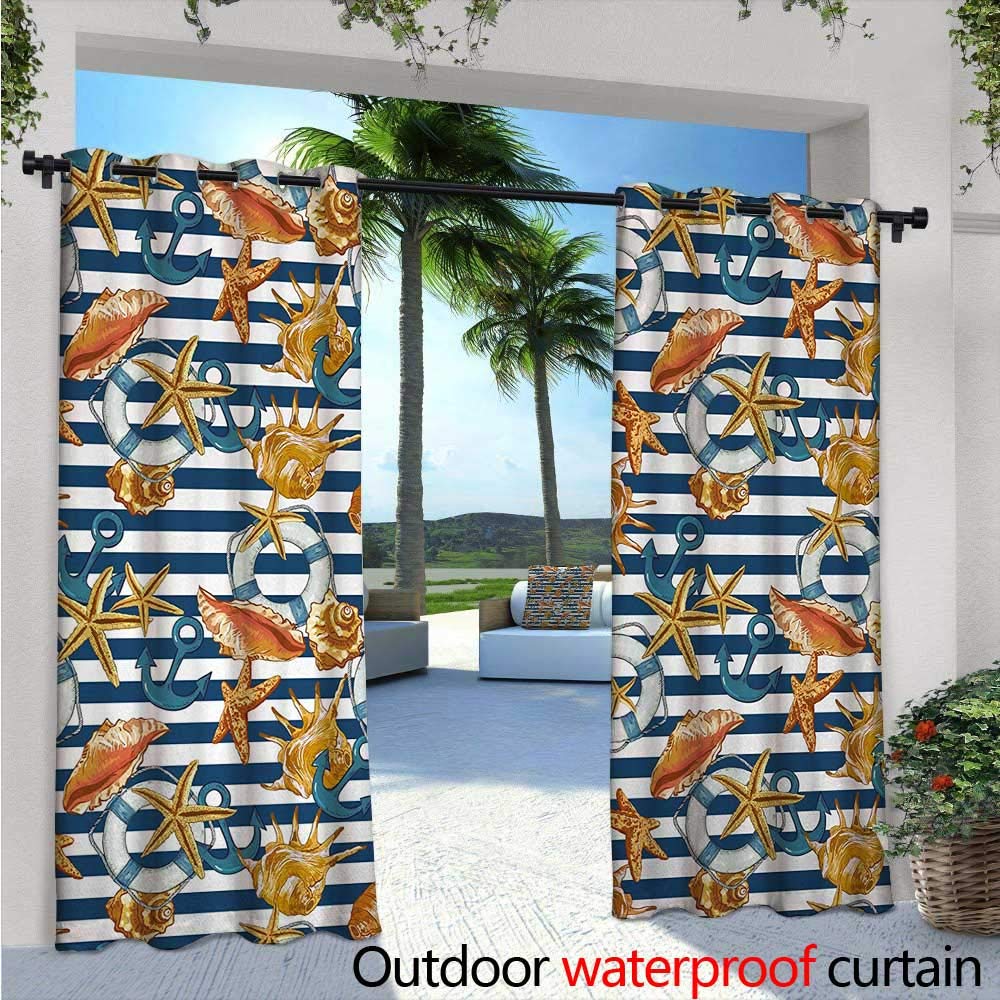Ocean Patio Curtains Sealife Theme with Sea Animals Shells Stars and Striped Backdrop Art Outdoor Curtain for Patio,Outdoor Patio Curtains W108 x L84 Golden Navy Blue and White