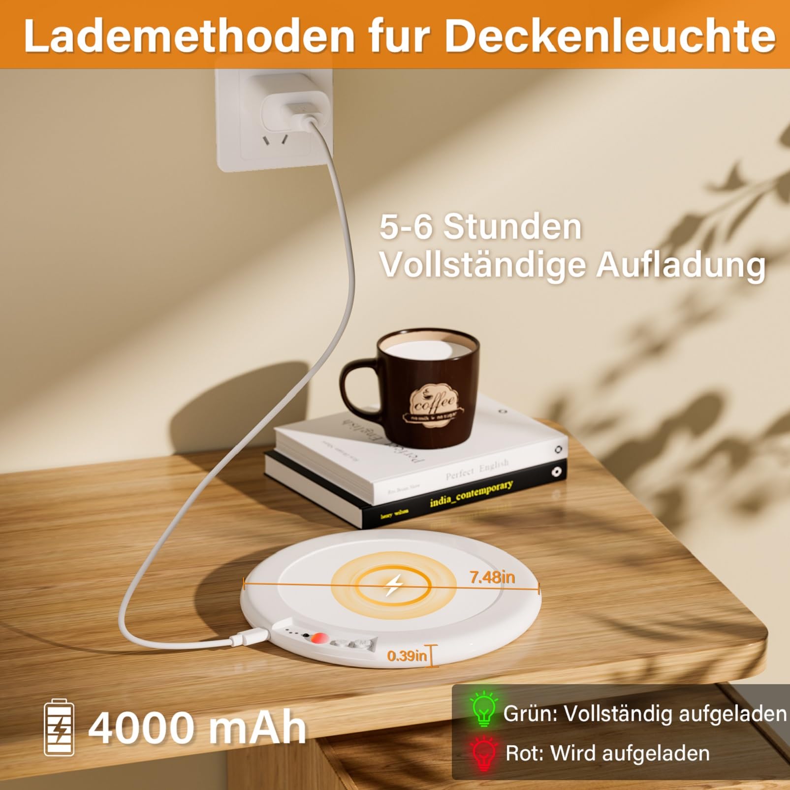 Akku Deckenlampe mit Bewegungsmelder, Aufladbar Akku Deckenleuchte Ohne Stromanschluss, 4000MAH LED Batteriebetriebene Deckenleuchte mit fernbedienung, Ohne Bohren,Dimmabar,3000K,4000K,6500K,Φ19CM
