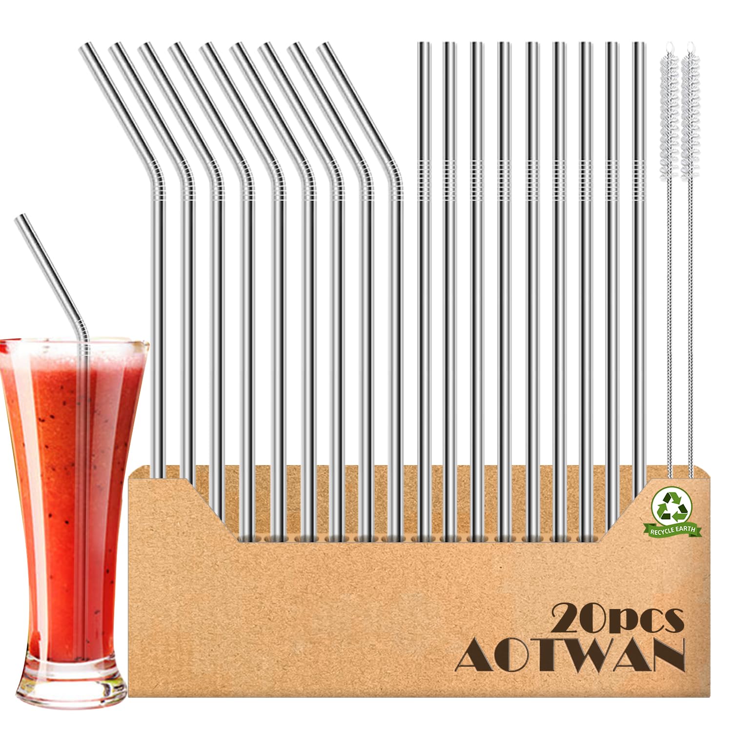 Photo 1 of AOTWAN 20-Pack Reusable Stainless Steel Metal Straws, 9 Straight + 9 Bent 8.5 inch Metal Straws for 20 oz Tumblers Dishwasher Safe with 2 Cleaning Brushes