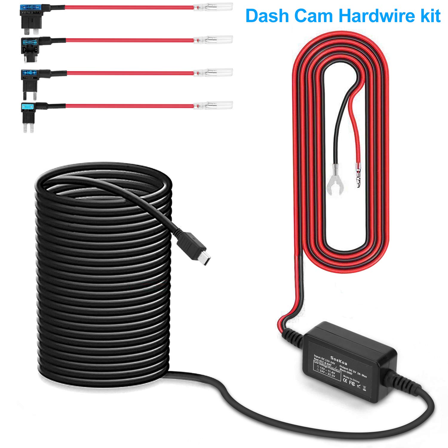 Dash Cam Hardwire Kit, Micro USB Port for Yi, AUkEY, Roav Dash Cam, with Battery Drain Protection System, Dash Cam Hardwire Fuse Kit for Low Voltage Protection for Dash Cameras