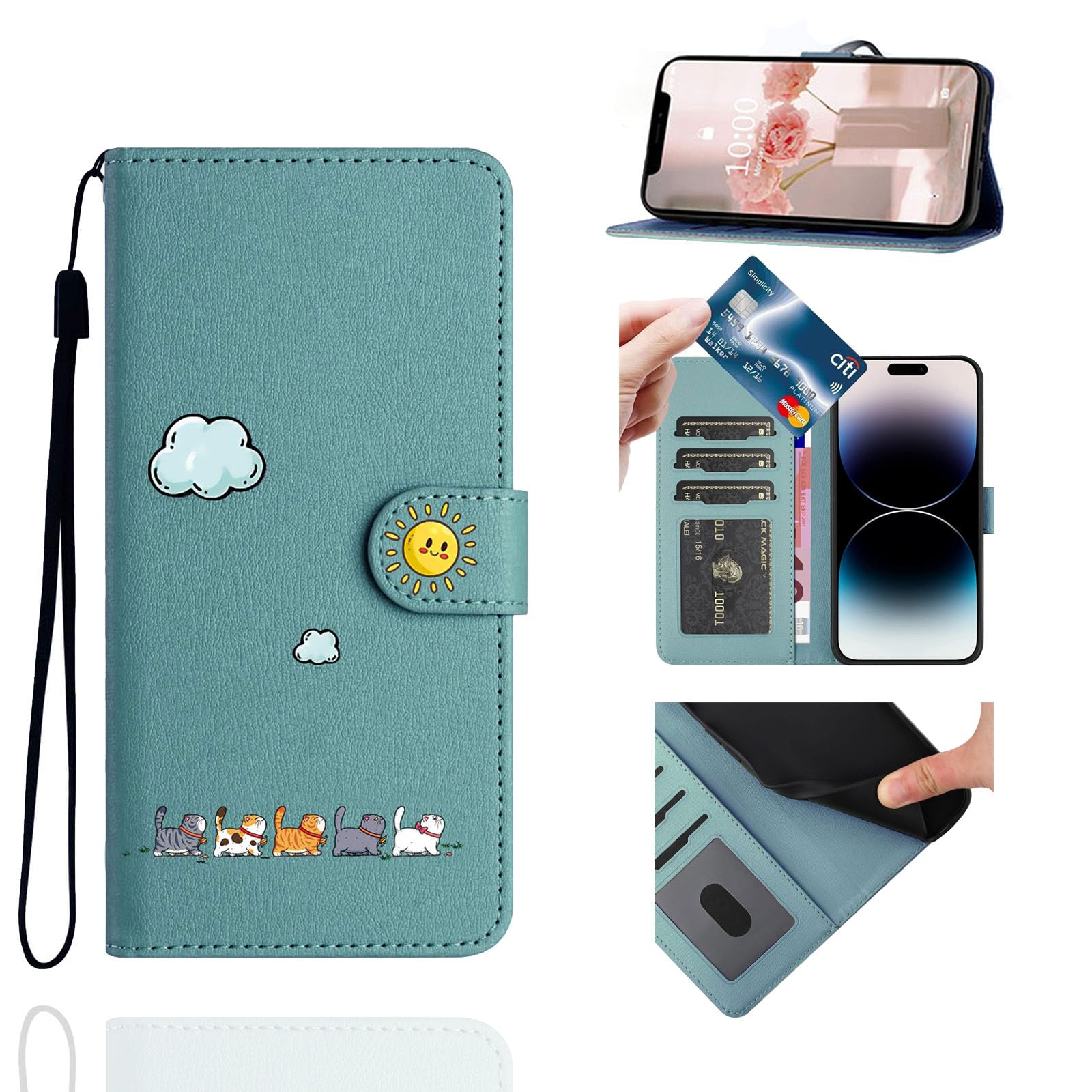 Jeffene Wallet Case for iPhone 11(6.1 inch) with Card Holder,Shockproof Protective Magnetic Flip Case for Women Cover with Kickstand,Cute Cats PU Leather with [Lanyard Strap][TPU Inner Shell],Green