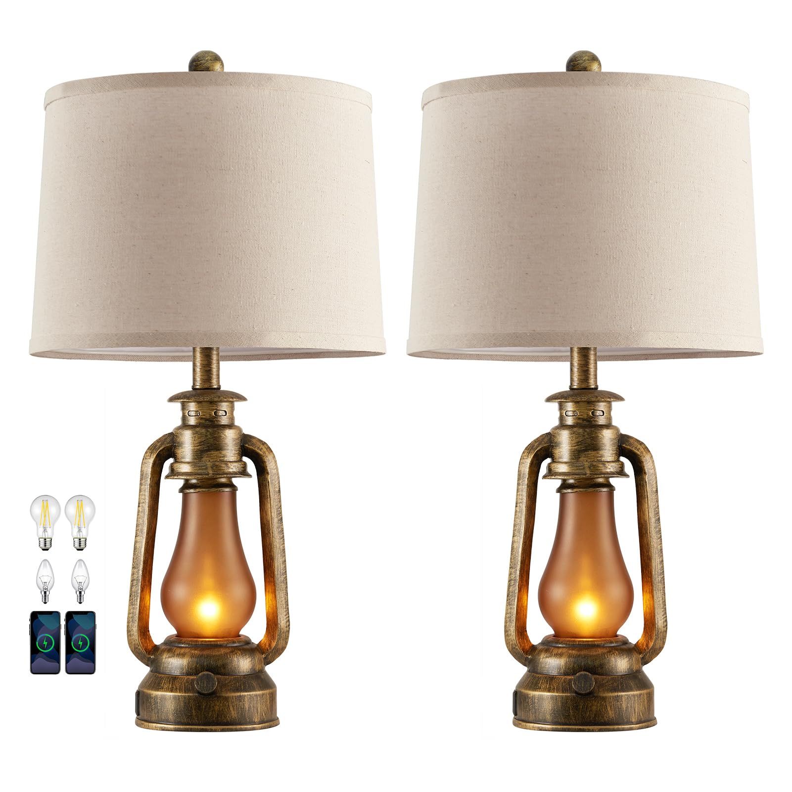 Photo 1 of RORIANO 25" Set of 2 Rustic Lantern Table Lamps for Living Room Bedroom, 2 USB Ports Farmhouse Vintage Bedside Desk Lamp Nightlight for Entryway Office End Table, 4 Bulbs Included