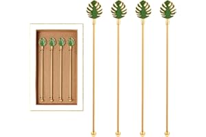 GARYVAULT Palm leaf Drink Stirrer Sticks Stainless Steel Coffee Beverage Stirrers，Set of 4 Cocktail Swizzle Stick,7.5", Multicolor