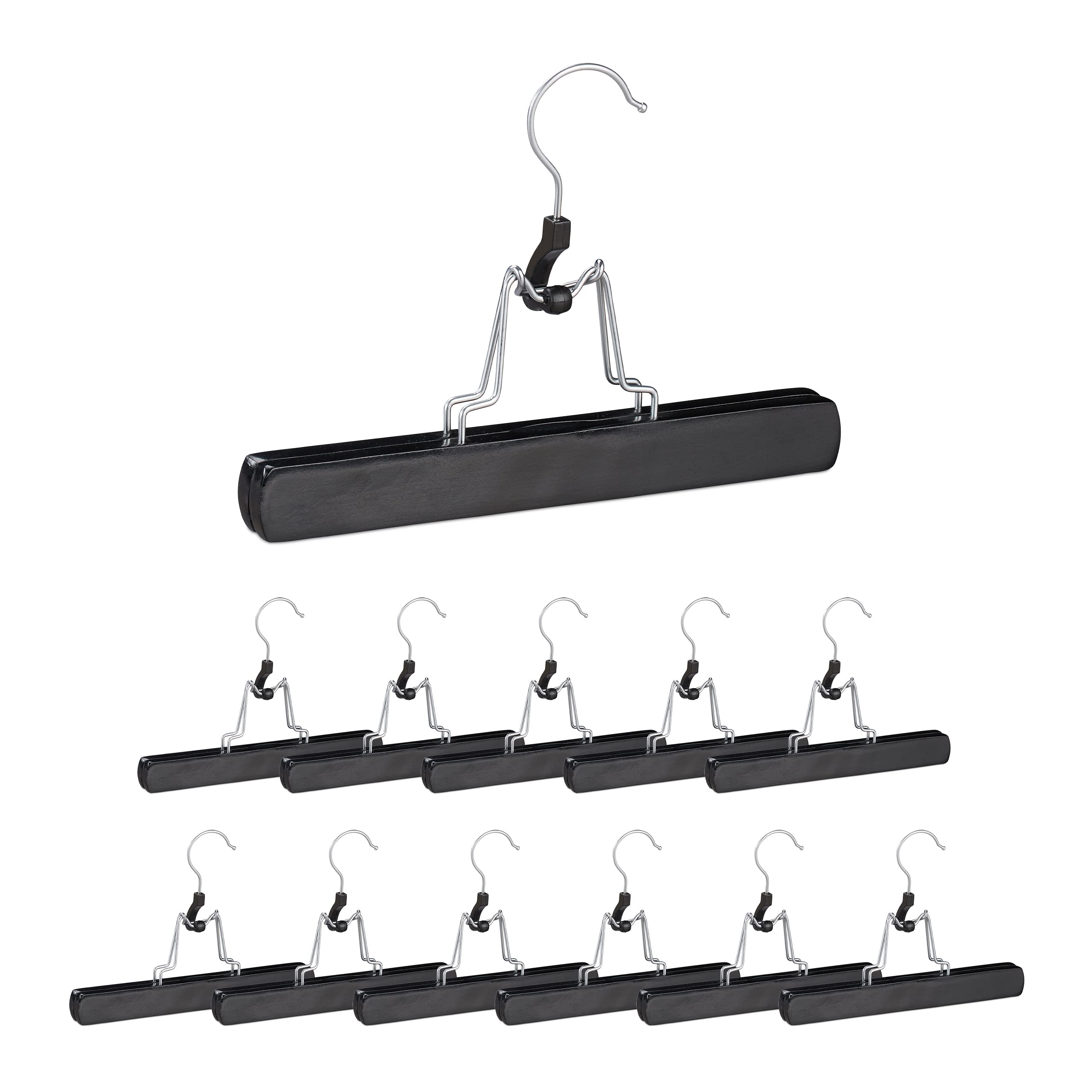 Relaxdays Wooden Trouser Clamp Hangers, 12 Pieces, 360° Swivel Hooks, Felt Protectors, HWWD 17 x 25 x 2.3 cm, Black