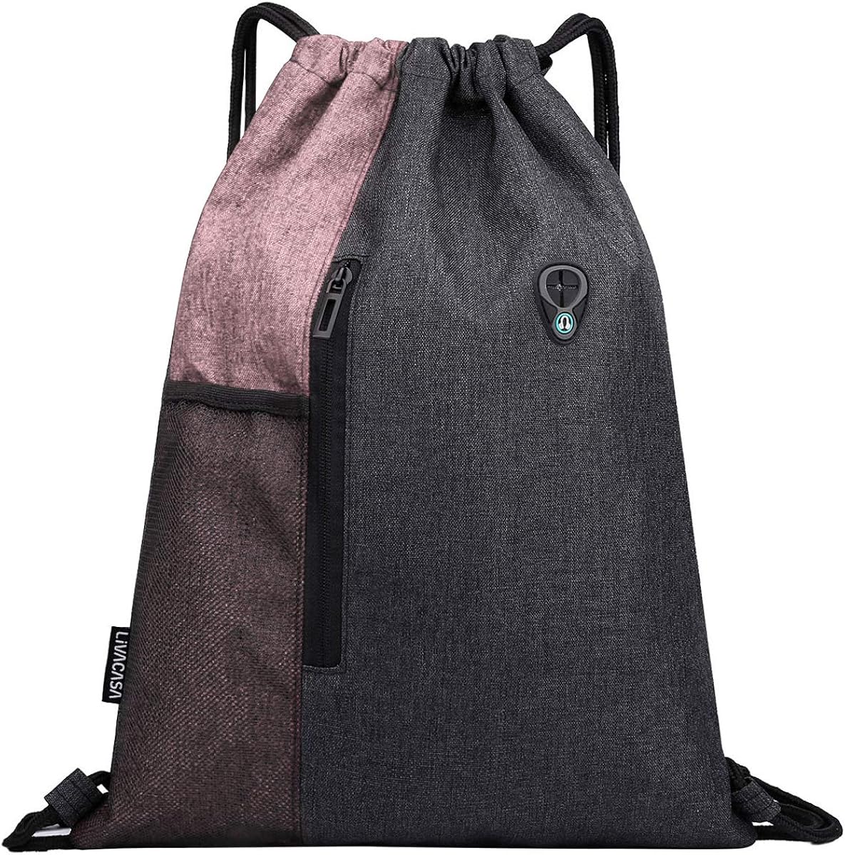 LIVACASA Drawstrings Backpacks Bags for Men Women Gym Drawstring Bags USB Port Headphone Hole Waterproof Pink: Sports & Outdoors