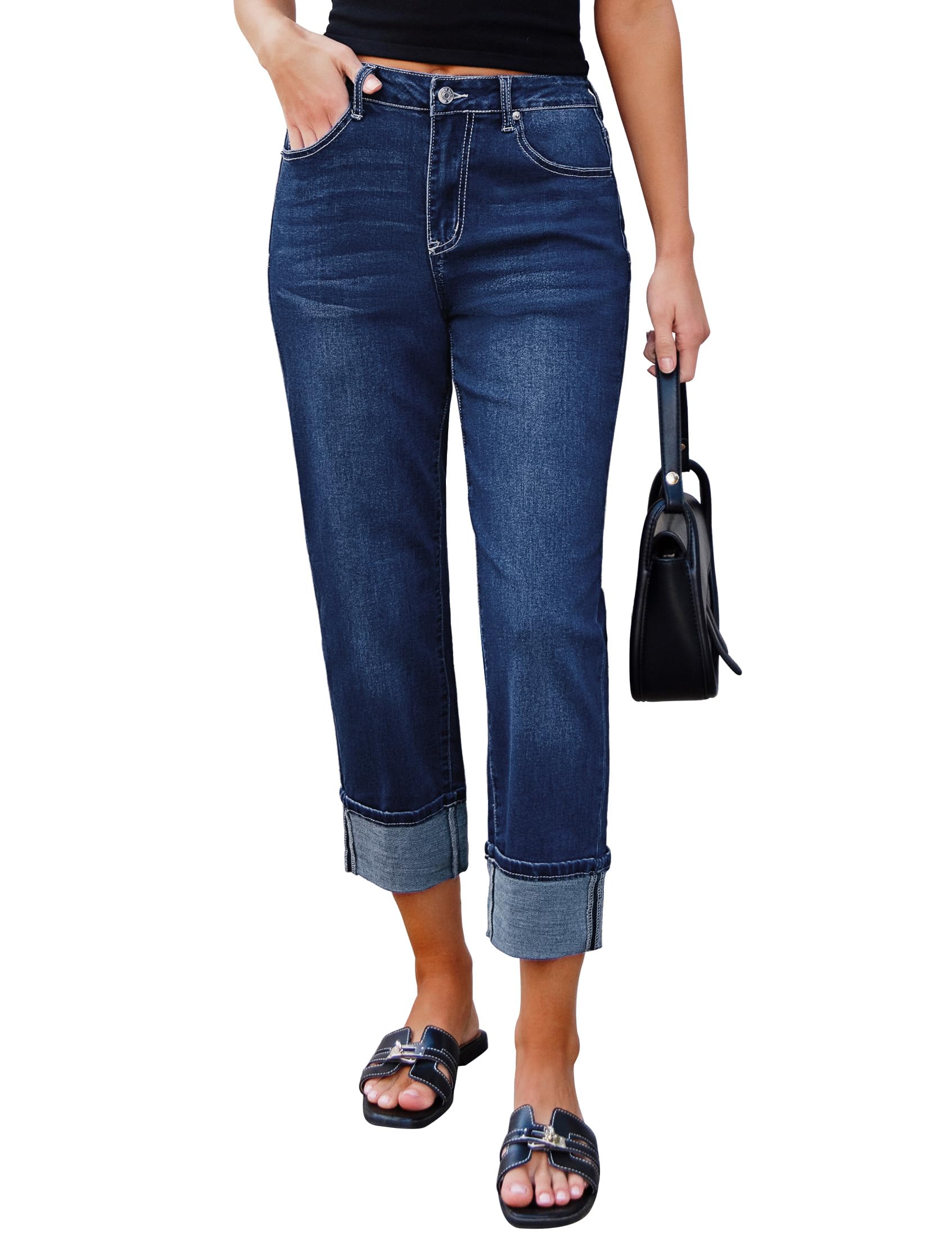 Photo 1 of ********READ CLERK COMMENTS********
luvamia Straight Leg Jeans for Women Trendy Cropped Jeans High Waisted Cuffed Darkness Blue Cuffed for Women Dark Blue Womens Stretchy Size Large Fits Size 12 14