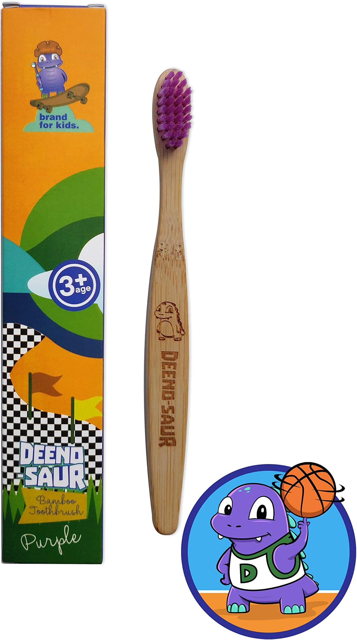 DEENO-Saur Organic Children's Bamboo Toothbrush for Ages 3+ | Purple Colour | Soft Fibre Bristles | Plastic and BPA Free | 100% Biodegradable | Vegan Eco Friendly Kids Toothbrush by Deeno