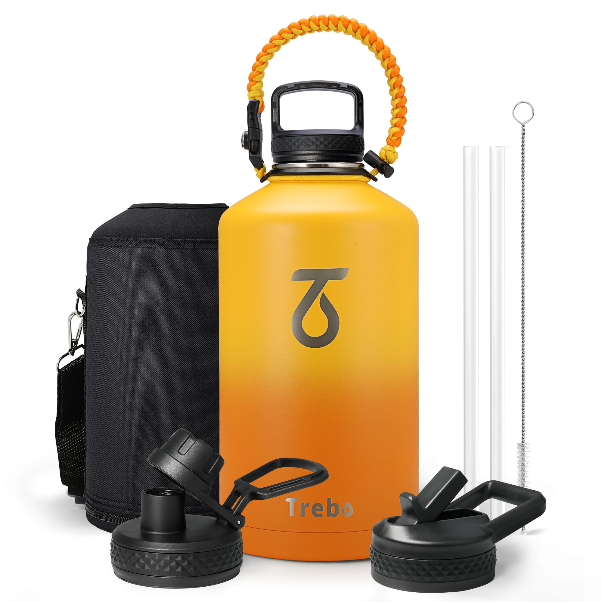 Photo 1 of Trebo 128 oz 1 Gallon Water Bottle Insulated with Paracord Handle and Straw,Vacuum Stainless Steel Large Water Jug Keep Cold 48 Hours,Water Flask with 3 Lids for Men Women Sports,Gym, Orange