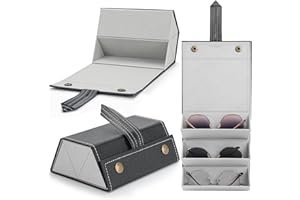 Aubeco Travel Sunglasses Organizer, Portable 3-Slot Foldable Eyeglass Case, Hanging PU Leather Storage Box for Sunglasses
