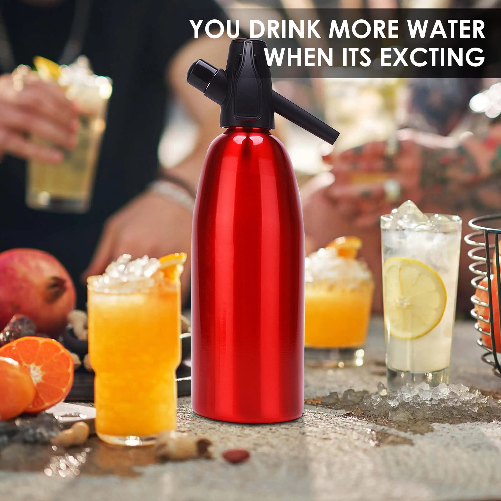 Sparkling Water Maker, 1L Soda Streaming Machine, Aluminum Soda Maker for Home, Portable Water Maker for Soda Water, Cocktails or Soda Water, 8 gram CO2 Cartridges(Not Included) (Red)