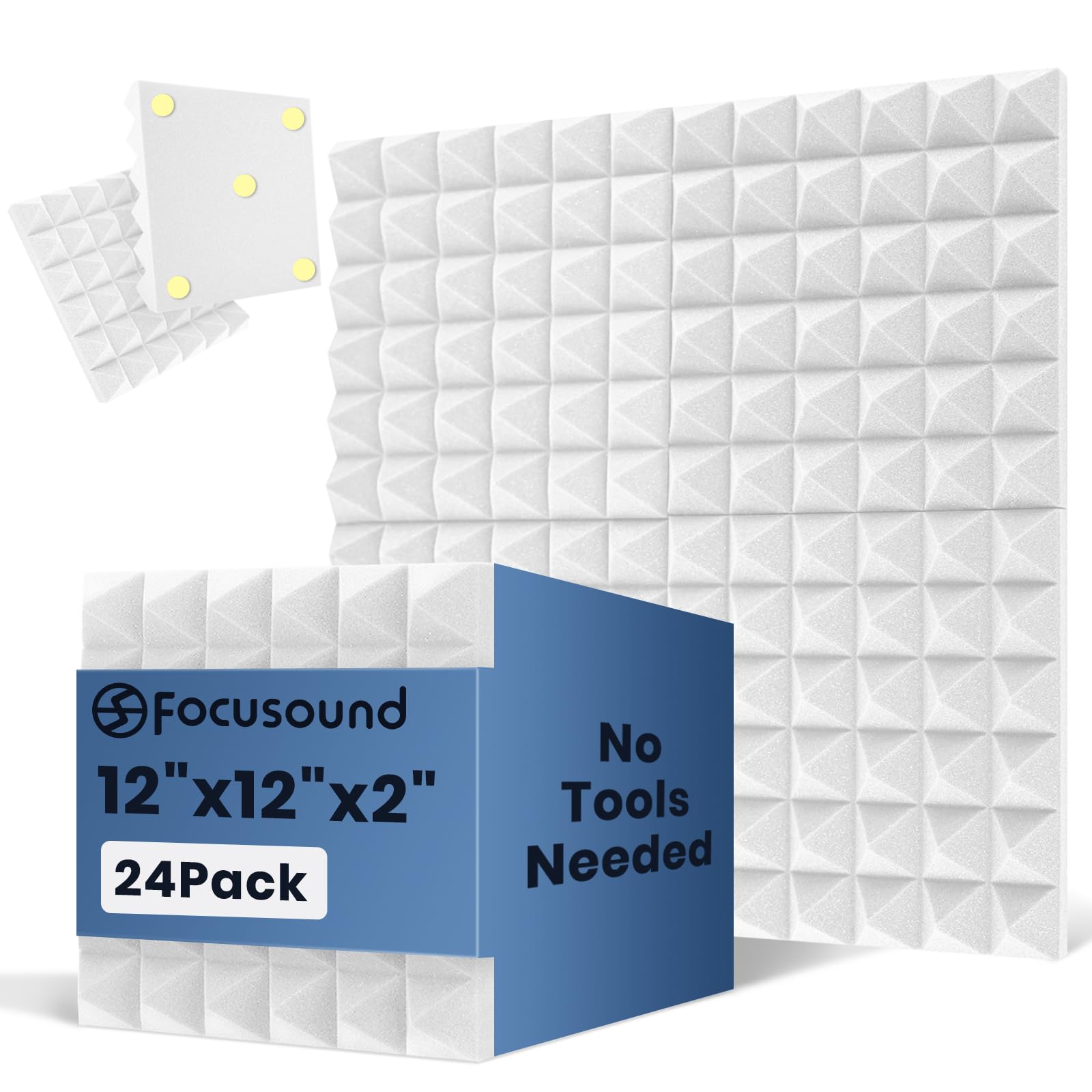 Photo 1 of Focusound White Acoustic Panels 24 Pack 2"x12"x12" with 120 PCS Double-Side Adhesive - Sound Proof Pyramid Foam for Walls, Home Studio Noise Absorption & Echo Control Kit