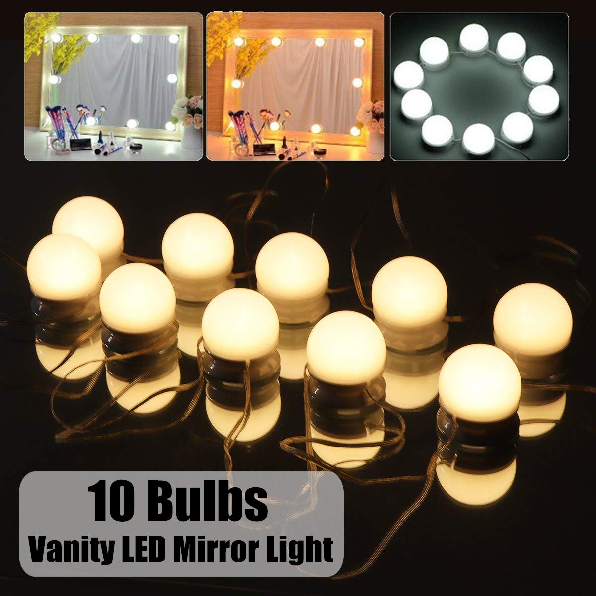 Vanity Lights, KeepTpeeK 3 Dimmable Color with 10 LED Makeup Mirror Light Bulbs Kit and Adjustable USB Charger LED Mirror Light for Bedroom Makeup Vanity Table(No Mirror Included)