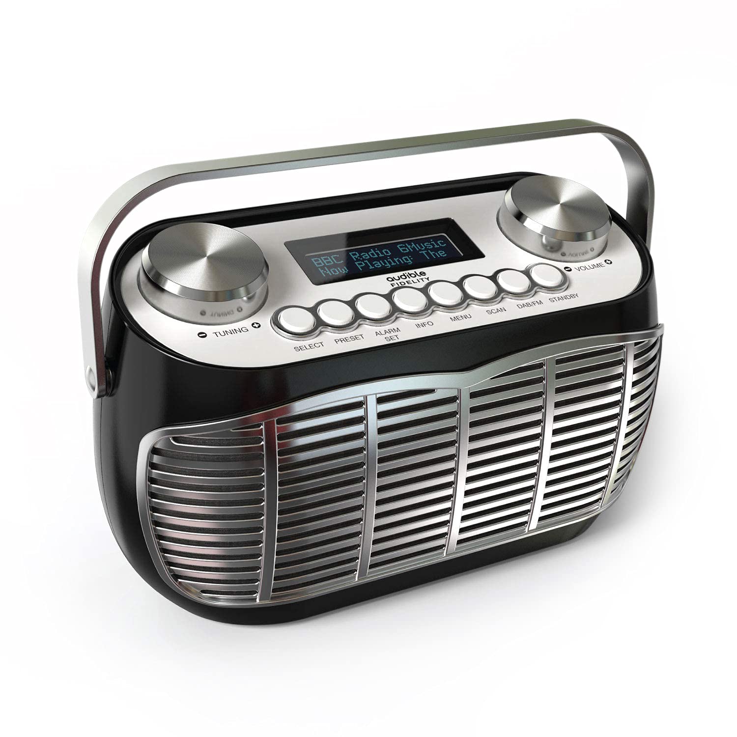 Audible Fidelity Detroit DAB/DAB Plus Radio Alarm Clock, Retro Style, Mains or Battery Powered, LCD Display (Black)