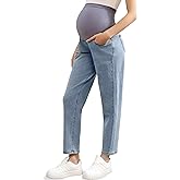 Coukula Women's Maternity Jeans Over Belly, Comfy Stretch Boyfriend Jeans, Loose Pregnancy Pants with Pockets