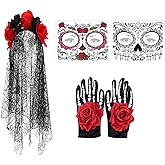 Day of the Dead Costume,Clothing Face Makeup,Day of the Dead Veil Set - for Women Adults Bride Face Halloween Cosplay
