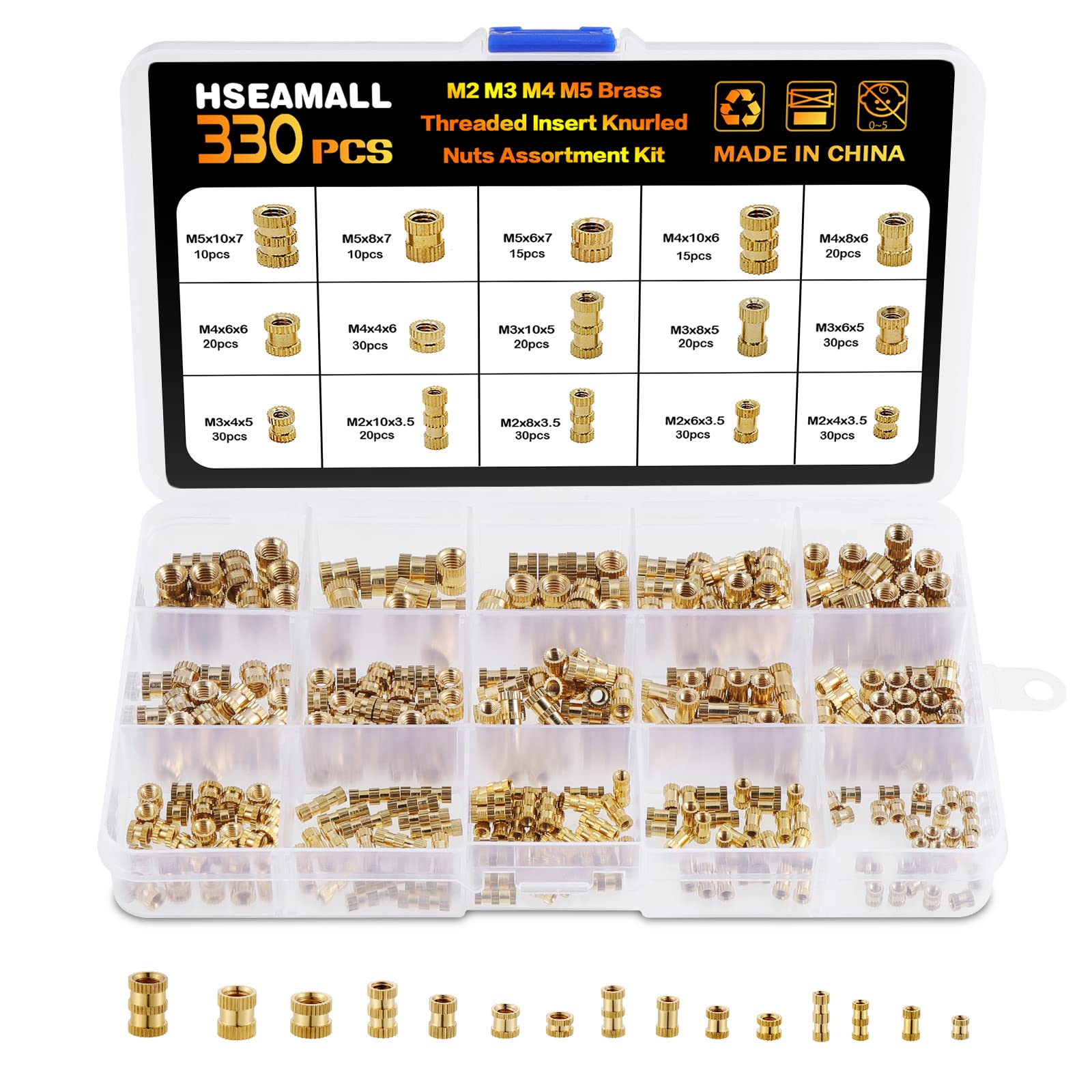 HSEAMALL 330PCS Threaded Inserts for Plastic,3d Printer Accessories M2 M3 M4 M5 Threaded Insert Knurled Brass Nut Inserts Embedment Nut Heat Set Insert for 3D Printing Parts