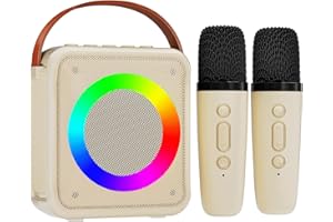 VERKB Mini Karaoke Machine for Kids Adults, Portable Bluetooth Speaker with 2 Wireless Microphones, Microphone Speaker Set with LED Disco Lights for Home Party Birthday Gifts for Girls Boys Kid(White)