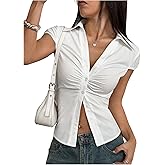 SOLY HUX Women's Summer Button Down Shirts Ruched Collared V Neck Cap Sleeve Blouse Going Out Tops