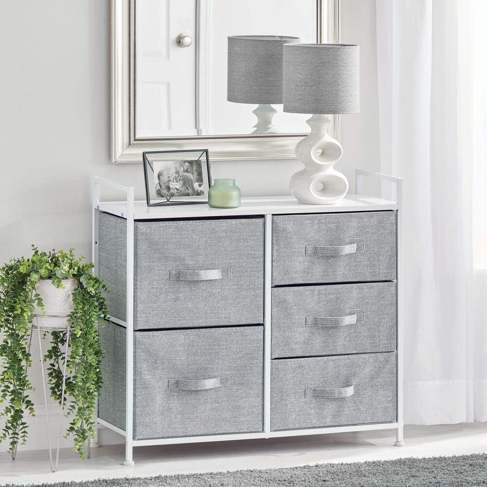 mDesign Wide Dresser Storage Tower - Sturdy Steel Frame, Wood Top, Easy Pull Fabric Bins - Organizer Unit for Bedroom, Hallway, Entryway, Closets - Textured Print, 5 Drawers - Gray/White: Home & Kitchen