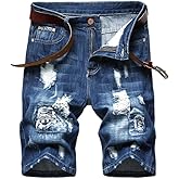 SHOOYING Men's Casual Denim Ripped Shorts