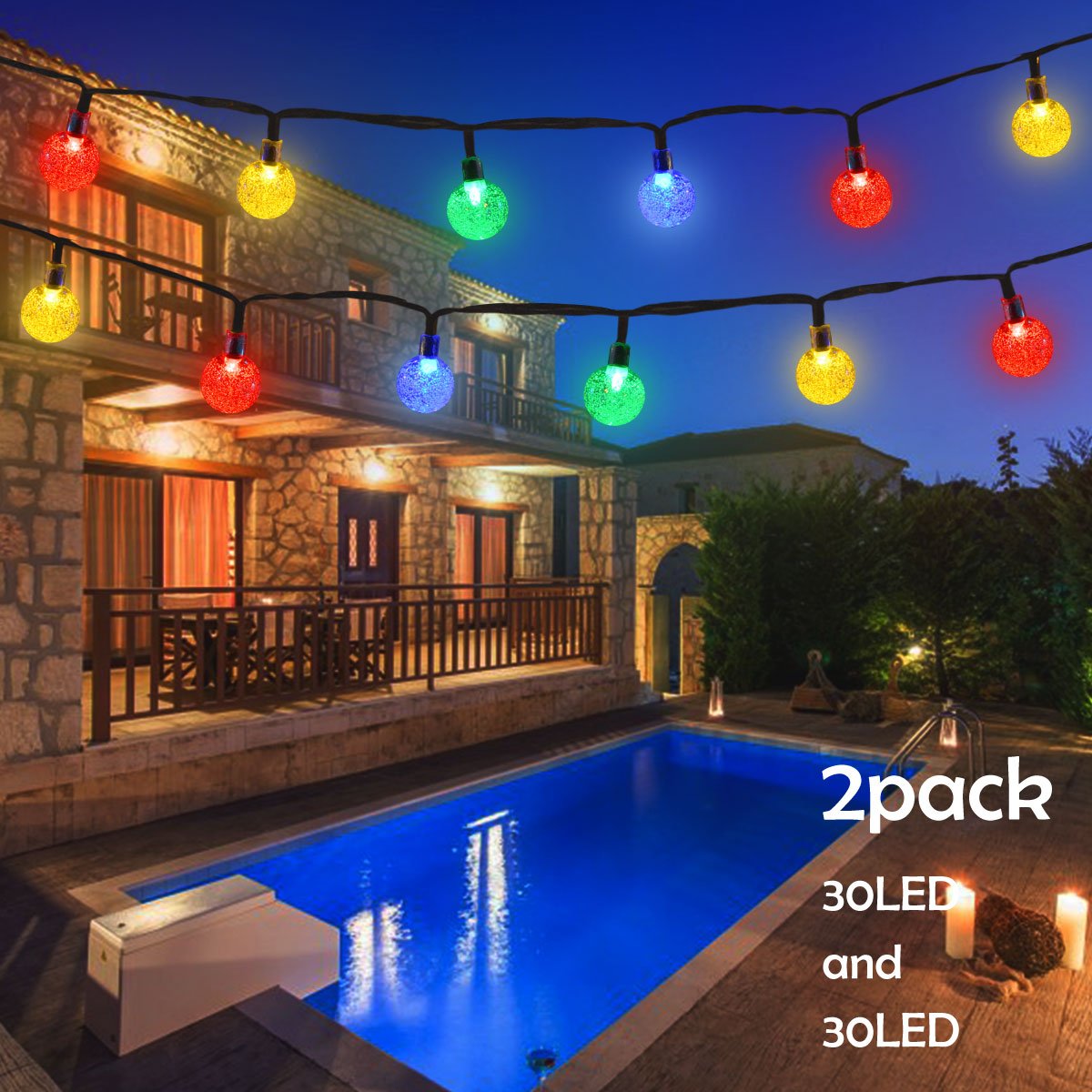 Lalapao Solar Powered Globe String Lights 2 Pack 30 LED (19.7ft) Crystal Ball Christmas Fairy String Light for Outdoor Xmas Tree Garden Path Patio Home Lawn Holiday Wedding Party Decor (Multi Color)