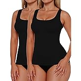 AURUZA 2PCS Women's Shapewear Tummy Control U Neck Camisole Tops for Women Seamless Compression Tank Top Regular Plus Size, S, Black+Black